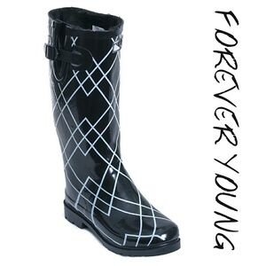 Women's Rainboots, Tall Faux Fur Lined Rain Boots, #1529 Black, Size 6